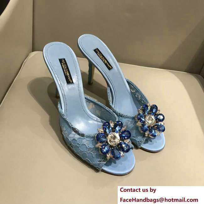 Dolce  &  Gabbana Heel 7cm Slippers Light Blue In Lace With Crystals 2018